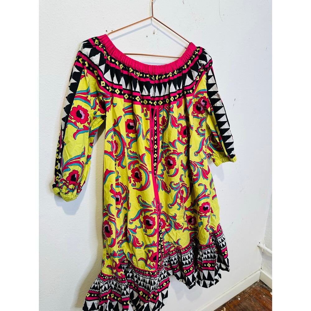 LA DOUBLEJ Yellow Paisley Mod Geo Print Three Quarter Sleeve Off Shoulder Dress - Picture 4 of 16